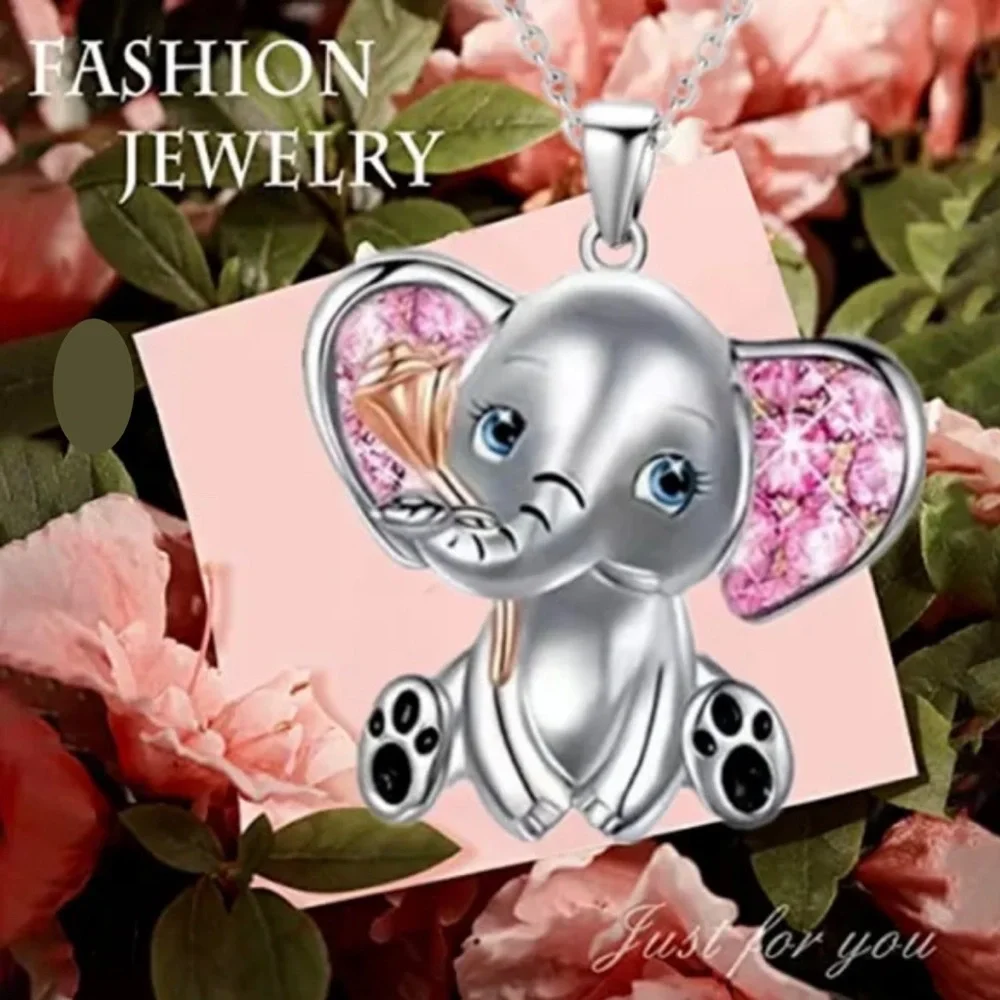 Silver & pink Enamel Baby Elephant with a pink crystal heart & silver chain